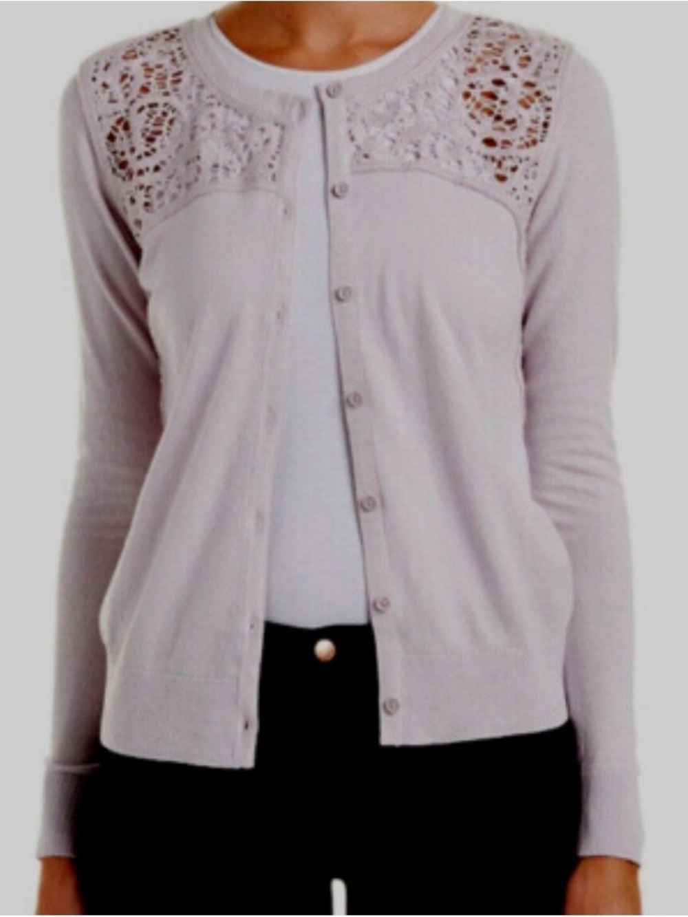 NWT CABI Lilac Lace Yoke Cotton Blend Cardigan Sweater